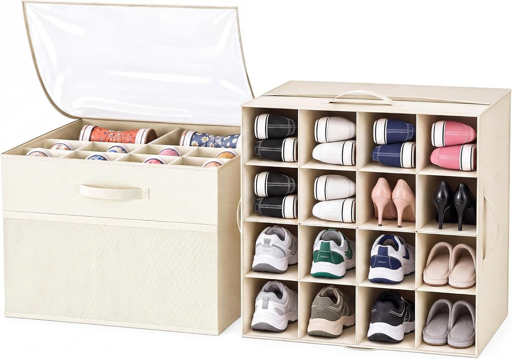 Shoe Organizer for Closet, Foldable Shoe Storage with Adjustable Dividers