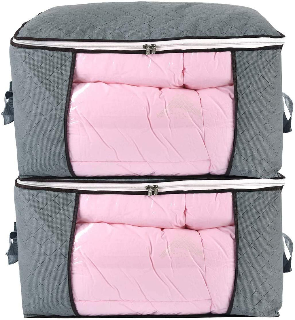 combocube Comforter Storage Bag, Zippered Bag with Large Clear Window and Carry Handles, Space Saver Organizers for Closet, Blanket, Pillow, Quilt, Bedding, Clothes (2Pcs Grey Large)