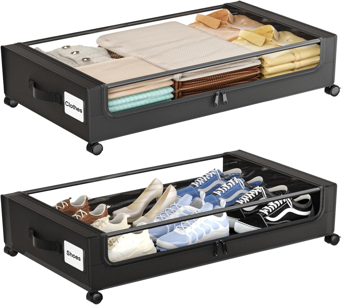 Under Bed Storage with Wheels,XXL 60L Under Bed Storage Containers with Clear Lids, Rolling Under Bed Metal Drawer for Clothes, Shoes,Toys (Black, 2 Pack)