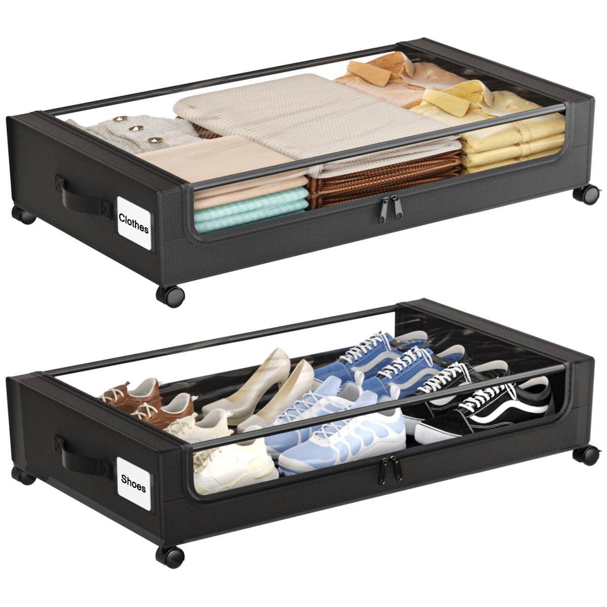 Under Bed Storage with Wheels,XXL 60L Under Bed Storage Containers with Clear Lids, Rolling Under Bed Metal Drawer for Clothes, Shoes,Toys (Black, 2 Pack)