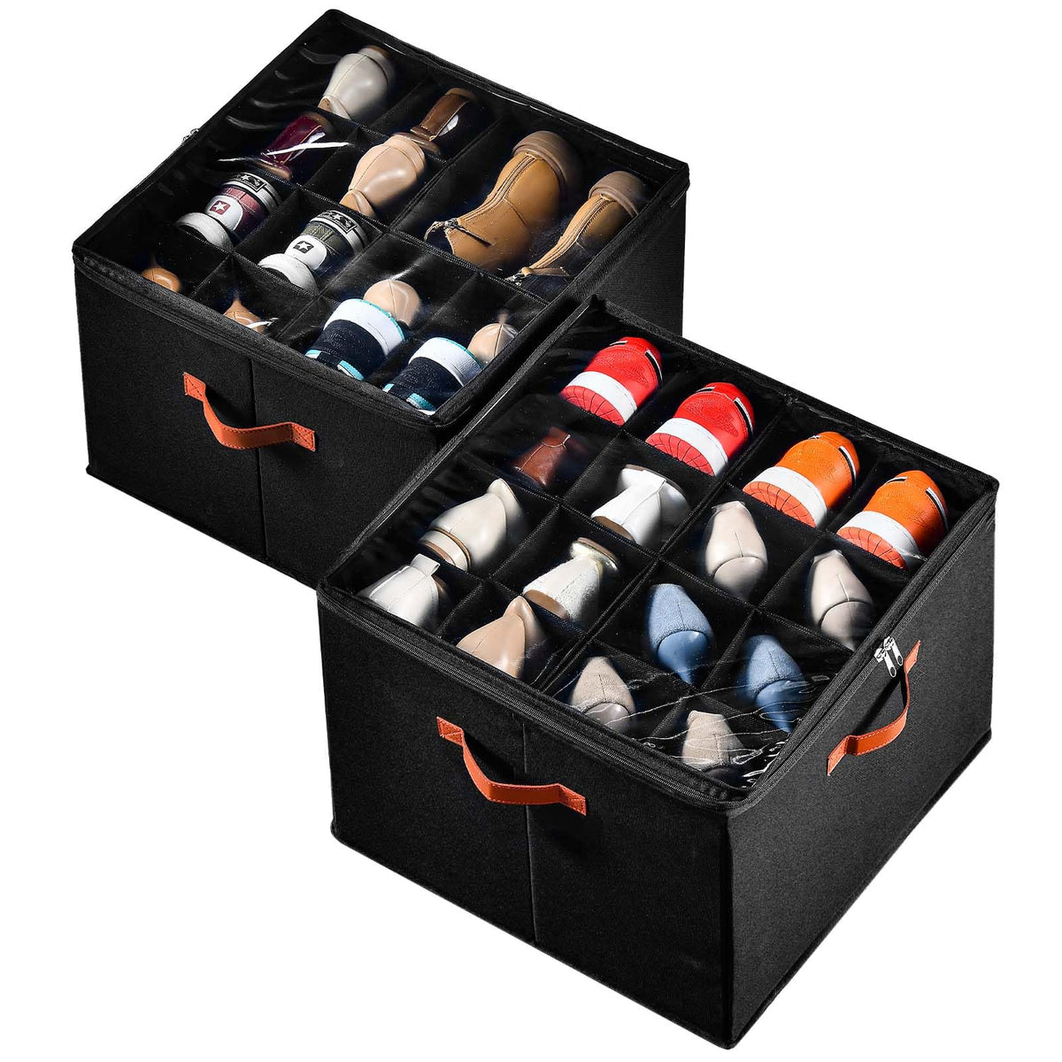 INSTY 2 Pack Shoe Organizer with Wheels for Closet, Fits up to 32 Pairs, Adjustable Dividers for Shoe Storage, Fabric Shoe Storage Bins with Clear Cover, Beige and Grey