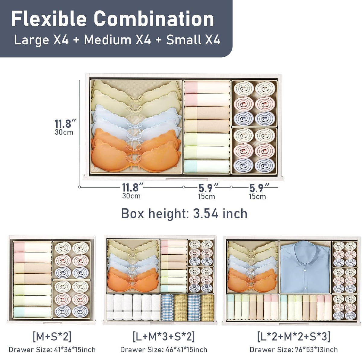 DIMJ Drawer Organizer Clothes, 12 Pack Dresser Organizer for Nursery, Baby Clothes, Underwears, Sock, Fabric Dresser Bins, Drawer Dividers, Foldable Closet Organizers and Storage(Beige)