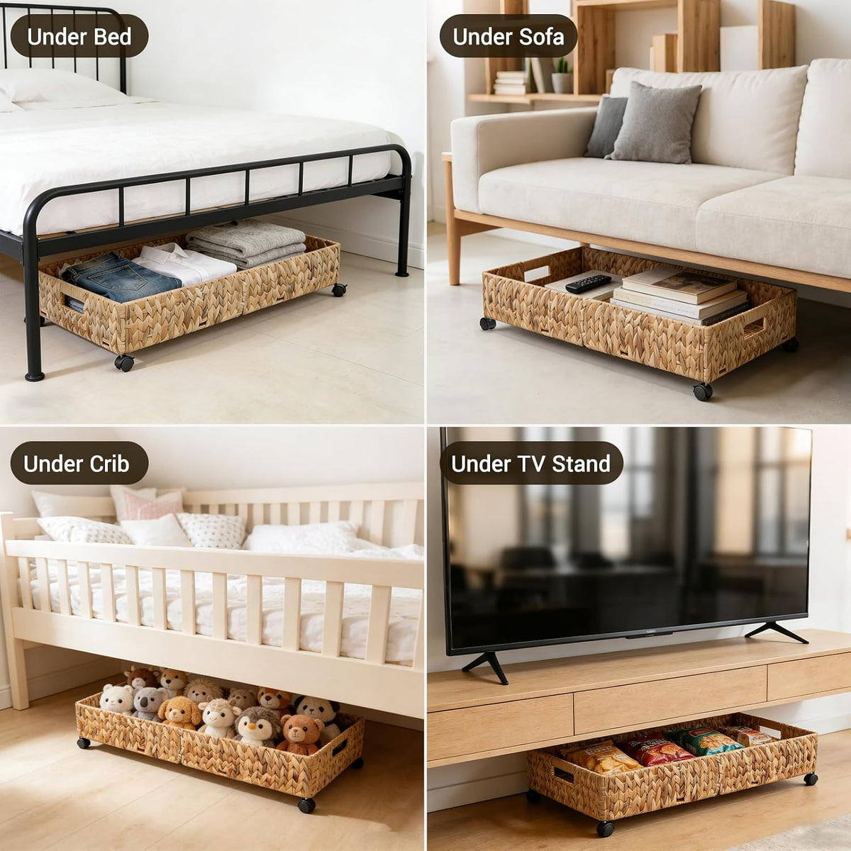 Under Bed Storage with Wheels, 31.5in / 37L Large Handwoven Water Hyacinth Under Bed Shoe Storage Organizer Drawer, Tool-free Assembly Rolling Storage Containers