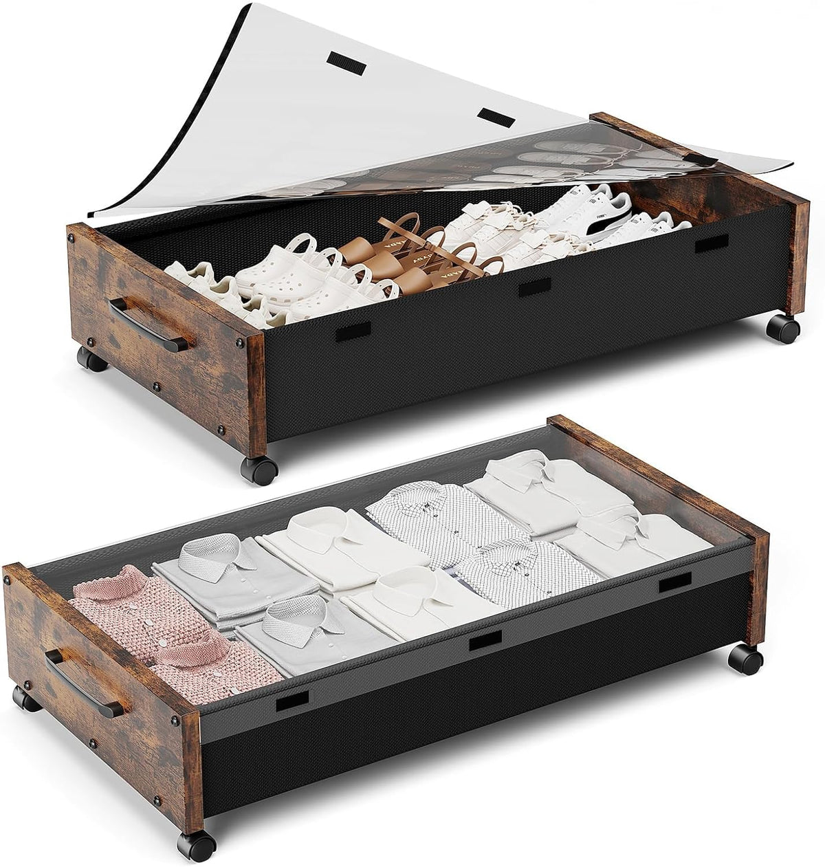 Under Bed Storage with Wheels, Wooden Under the Bed Storage with Remove Lid, Rolling Underbed Storage Drawers, Large Metal Storage Bins for Shoes Blankets Clothes Bedrooms Dorms (Vintage Brown-2pack)