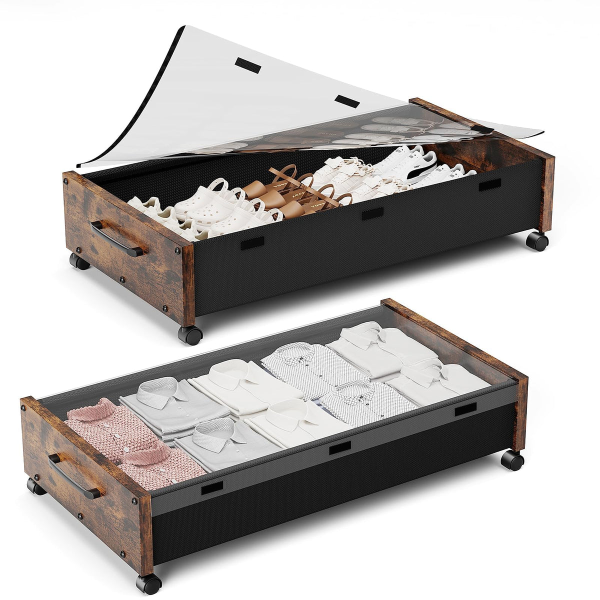 Under Bed Storage with Wheels, Wooden Under the Bed Storage with Remove Lid, Rolling Underbed Storage Drawers, Large Metal Storage Bins for Shoes Blankets Clothes Bedrooms Dorms (Vintage Brown-2pack)