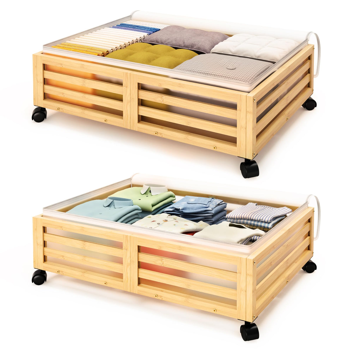 Under Bed Storage with Wheels-Large Bamboo Underbed storage Containers with Large Dust Bag Stackable Under the Bed Shoe Storage Bins for Clothes Books Bedding (2 Packs White, 23.62"L×16.54"W× 6.51"H)