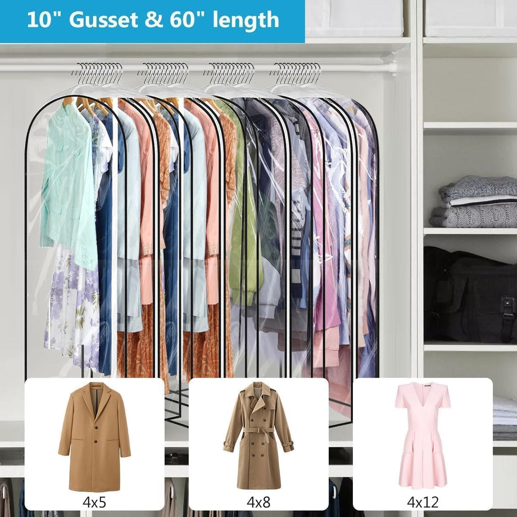 60" Clear Clothes Hangers with Smooth Side Zipper, 10" Gusseted Waterproof Garment Bags for Shirts, Coats, Dresses, Suits, 4 Pack