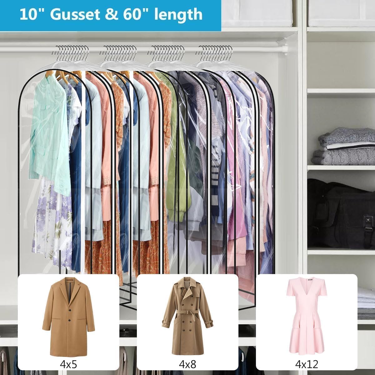 60" Clear Clothes Hangers with Smooth Side Zipper, 10" Gusseted Waterproof Garment Bags for Shirts, Coats, Dresses, Suits, 4 Pack