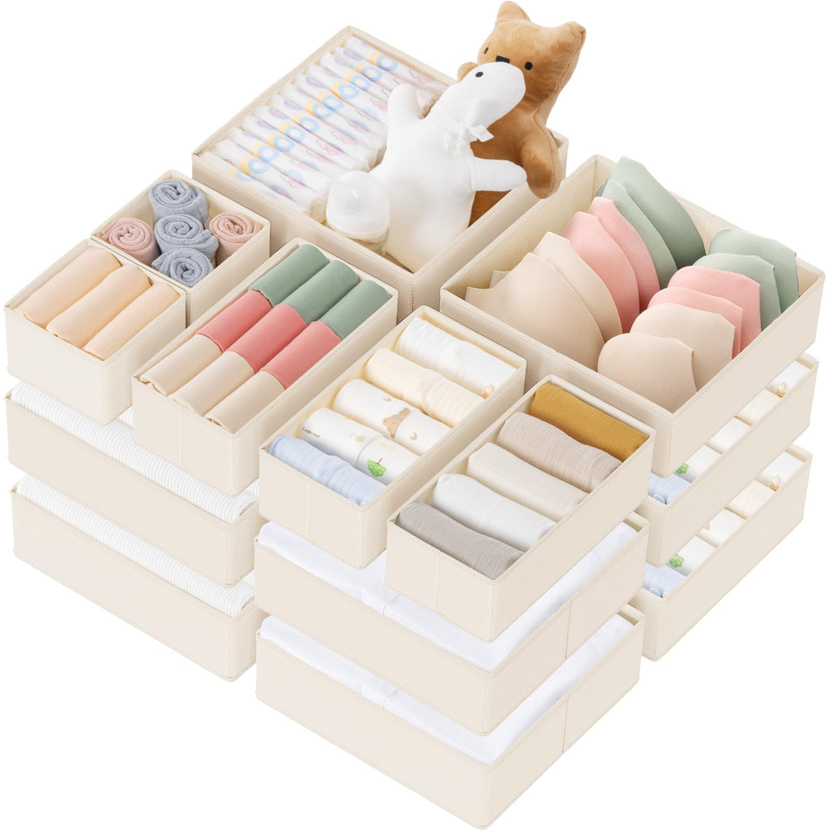 Criusia Drawer Organizer Clothes, 10 Pack Dresser Organizer for Baby Clothes, Underwear, Sock- Foldable Closet Organization and Storage Dividers Bins for Nursery, Bedroom (Beige)