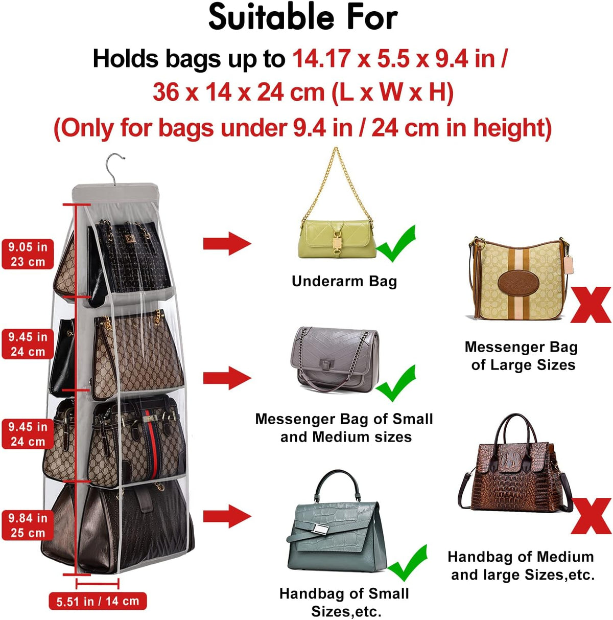 Lirex Handbag Hanging Organizer, 8 Pocket Purse Storage Hanger Oxford Cloth Closet for Family Closet Bedroom, Foldable and Universal Fit (Black)