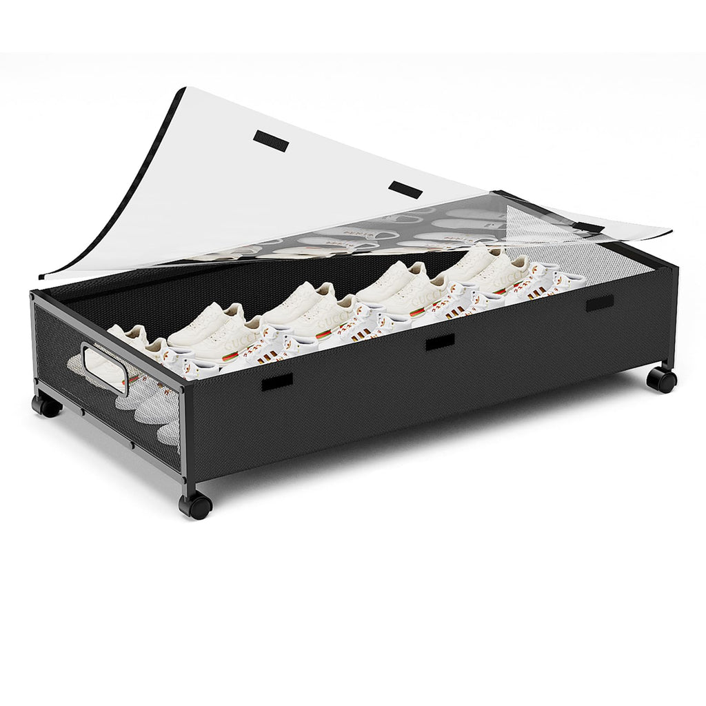 KITHELP Wooden Under Bed Storage with Wheels, Rolling Under the Bed Storage Bins with Removable Lid, Metal Under Bed Drawers for Clothes and Shoes in Bedroom or Living Room (White-2pack)
