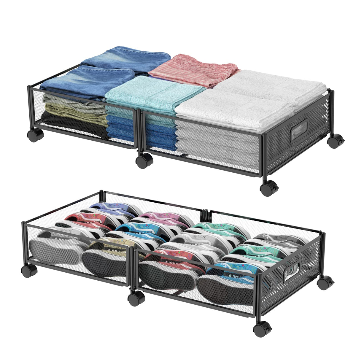 47.2'' Long Under Bed Storage on Wheels, 57.6L Large Capacity Rolling Under the Bed Storage Containers, Tool-Free Assembly Foldable Underbed Shoes Clothes Toy Drawers