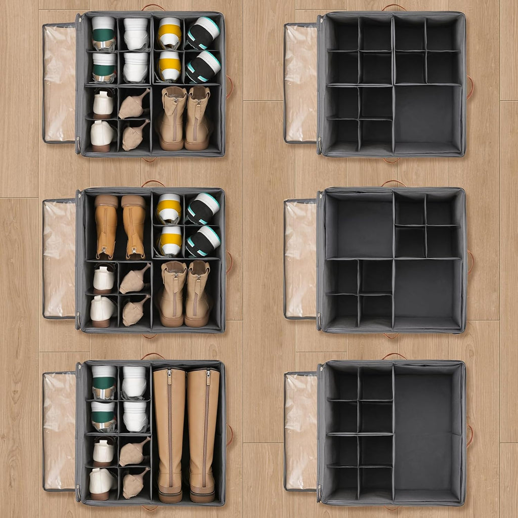 INSTY 2 Pack Shoe Organizer with Wheels for Closet, Fits up to 32 Pairs, Adjustable Dividers for Shoe Storage, Fabric Shoe Storage Bins with Clear Cover, Beige and Grey