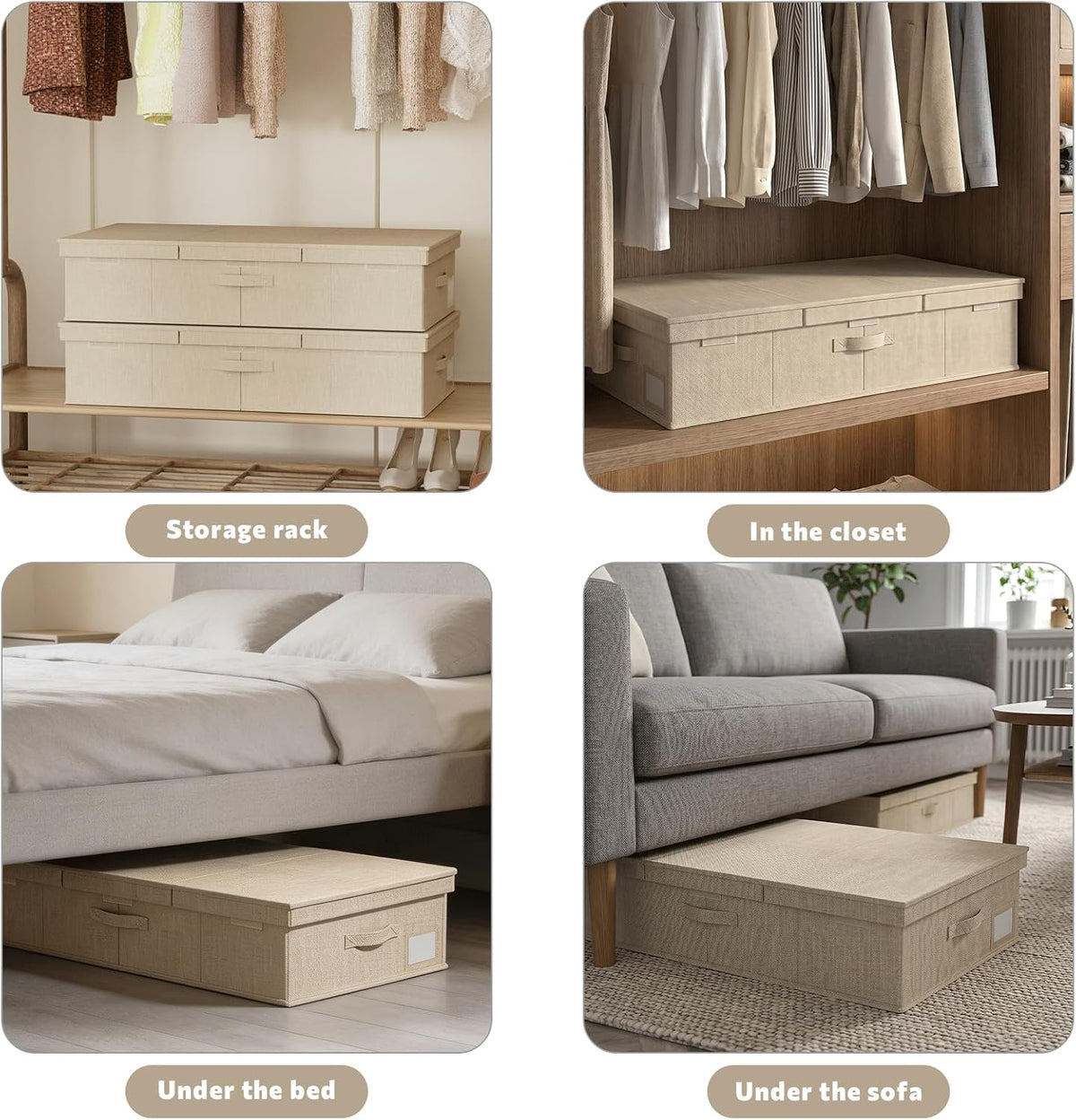 FHSQX Under Bed Storage Container 2Pack 6 Inches Low Profile Under-bed Organizer Bins Slim Under Couch Storage Box Ideal For Seasonal Clothes Blankets Towel Fabric (2, Beige, 31.5 * 16.5 * 6in)