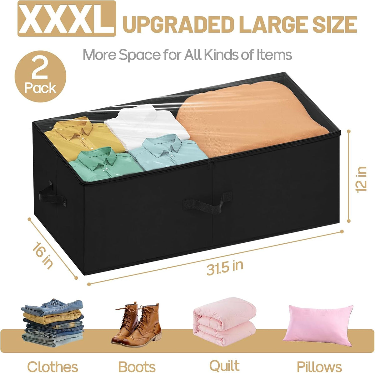Large Under Bed Storage Containers, 12" Height, 31" Long, 2 Pack, Black