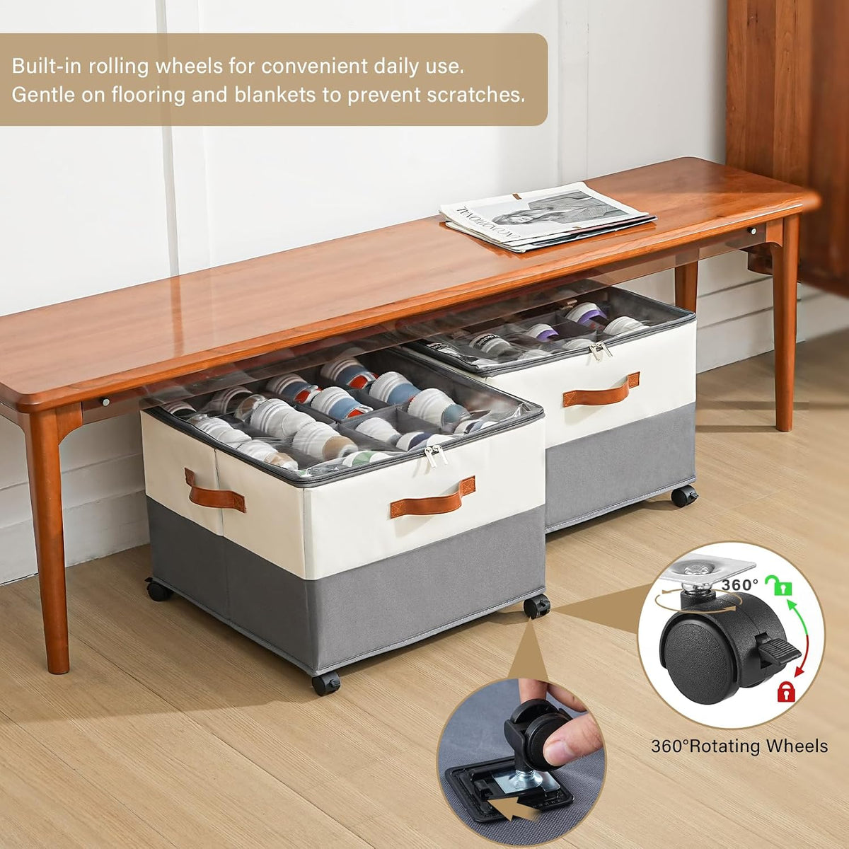 INSTY 2 Pack Shoe Organizer with Wheels for Closet, Fits up to 32 Pairs, Adjustable Dividers for Shoe Storage, Fabric Shoe Storage Bins with Clear Cover, Beige and Grey