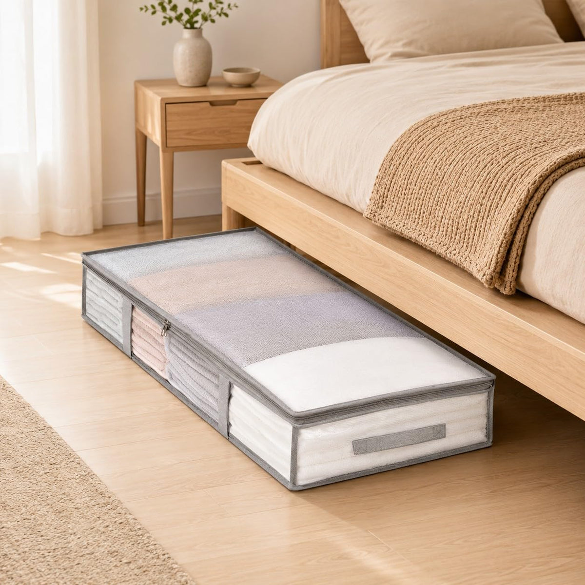 Under Bed Storage Box with Zipper Closure and Handles Low Profile for Bedroom, Living Room, Closet, Dorm & Storage Room, Black