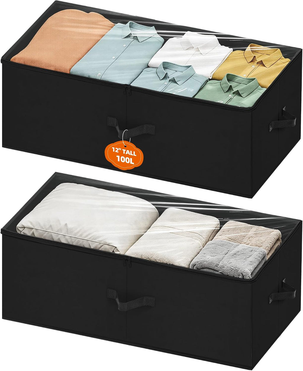 Large Under Bed Storage Containers, 12" Height, 31" Long, 2 Pack, Black