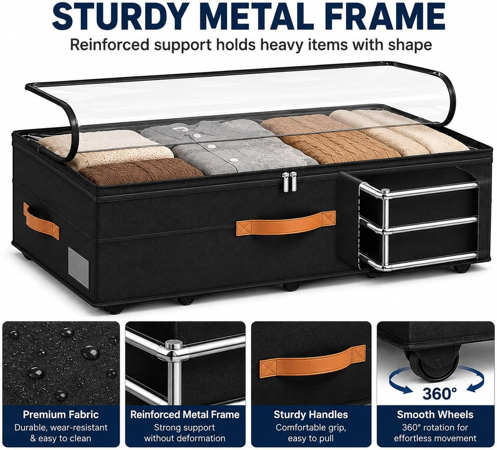 90L XXL Under Bed Storage Bins with Wheels, 1-Pack, Clear Lids, Black