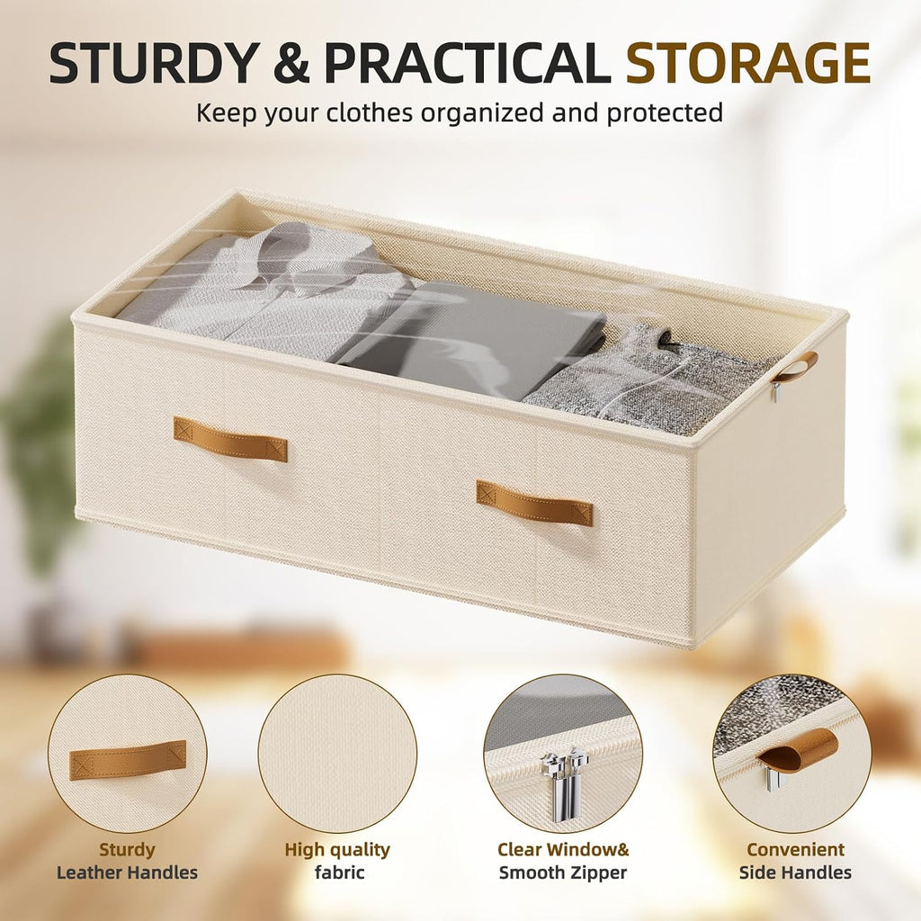 10inch 3 Pack Under Bed Storage Containers, 10 Inch Tall Underbed Clothes Storage Organizer Bin with Clear Window，Foldable Box Basket for Clothes, Closet, Bed Sheets and Blankets Beige
