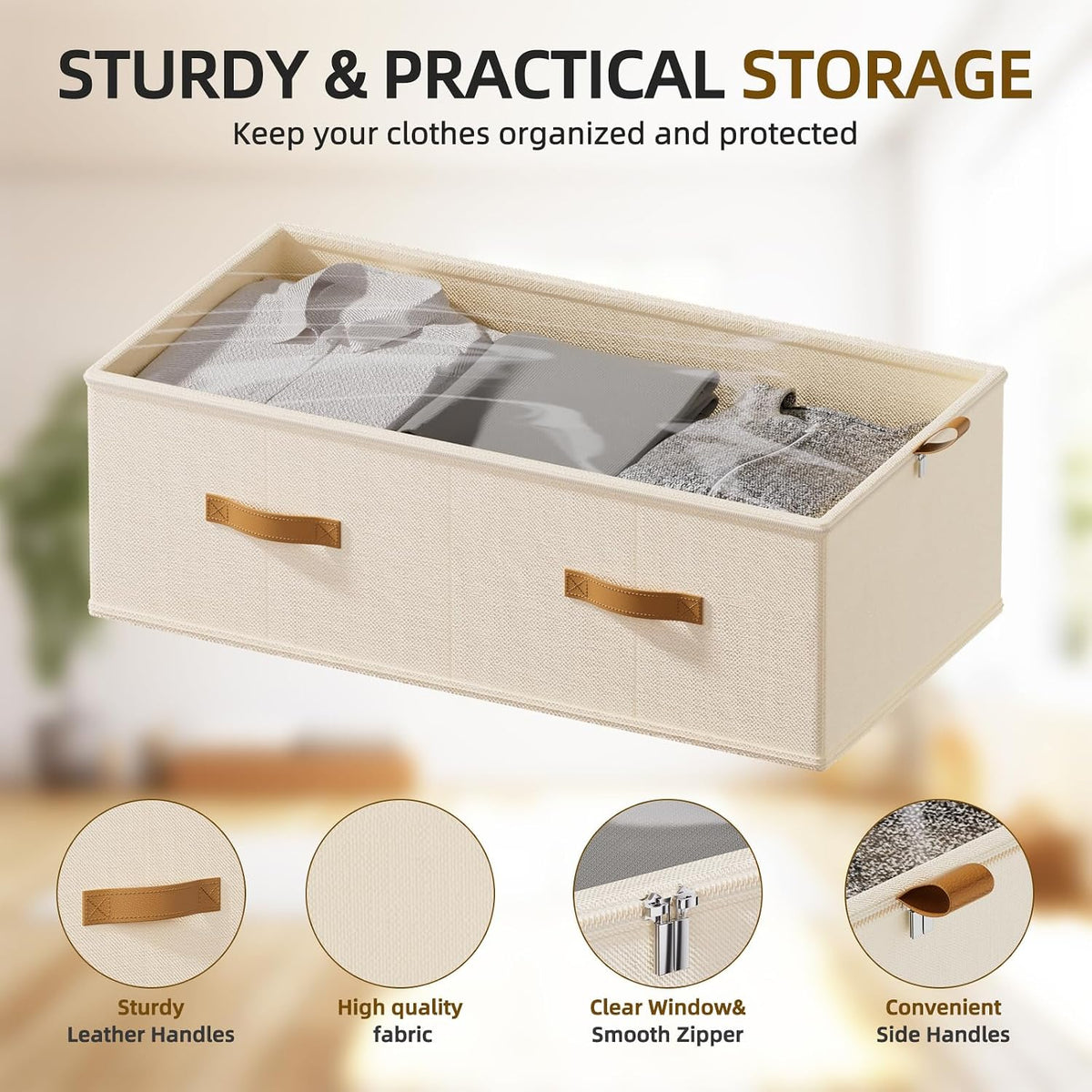 10inch 3 Pack Under Bed Storage Containers, 10 Inch Tall Underbed Clothes Storage Organizer Bin with Clear Window，Foldable Box Basket for Clothes, Closet, Bed Sheets and Blankets Beige