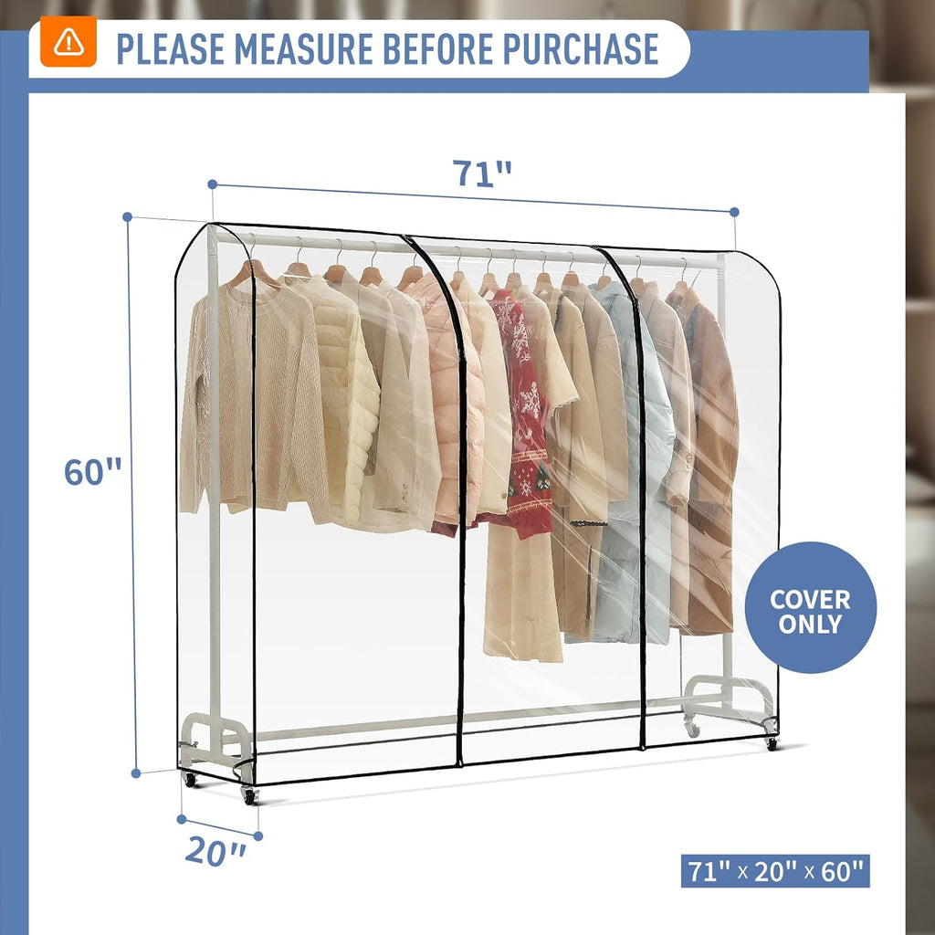 Clear Garment Rack Cover 71" L x 20" W x 60" H, Clothes Rack Cover with Reinforced Double Zippers, Waterproof PEVA Dustproof Protection – Cover Only, Rack Not Included