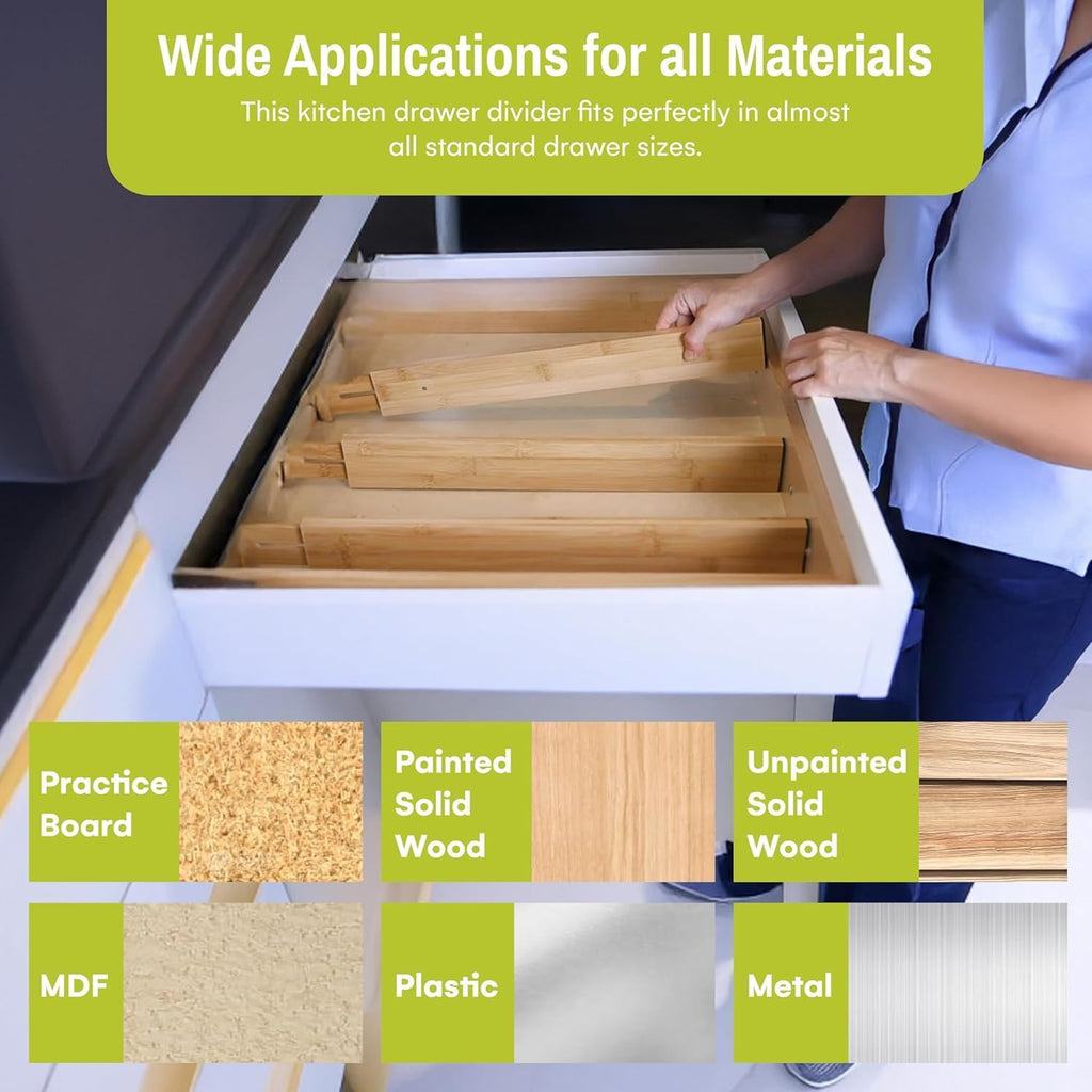 Purawood Bamboo Drawer Dividers, Adjustable Spring-Loaded, Expandable Kitchen Organizer, Set of 4, Water-Resistant Finish for Kitchen, Dresser, Bedroom and Bathroom - Natural