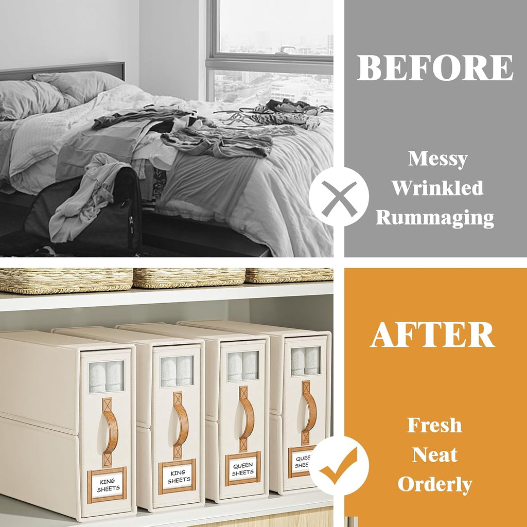 4 Pack Foldable Bed Sheets Set Organizers and Storage(King & Queen Size),Linen Fabric Closet Organizers with Window,Folding Bedding Storage Box for Bedsheets and Pillow Cube Organizer-Beige