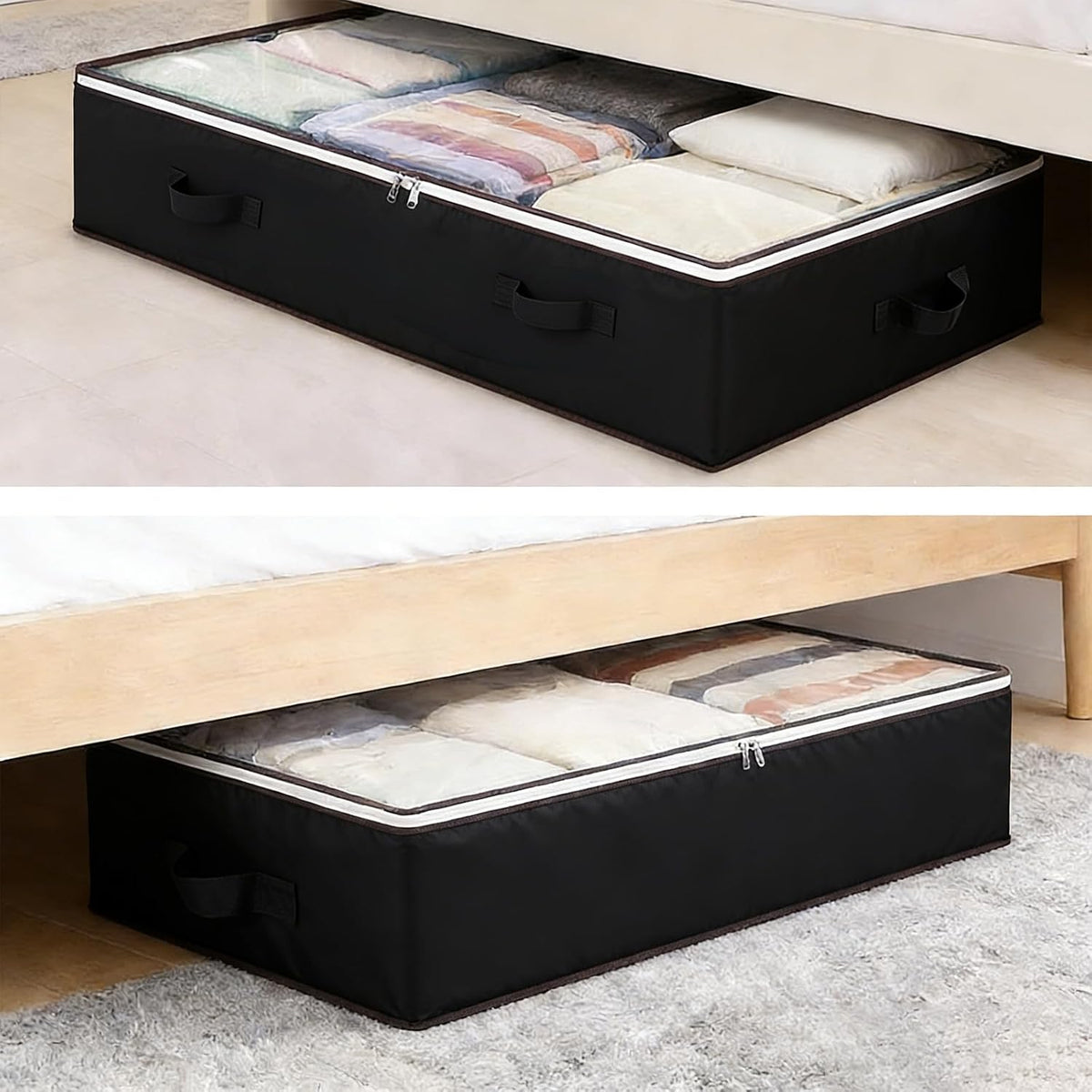 Under Bed Storage Box with Zipper Closure and Handles Low Profile for Bedroom, Living Room, Closet, Dorm & Storage Room, Black