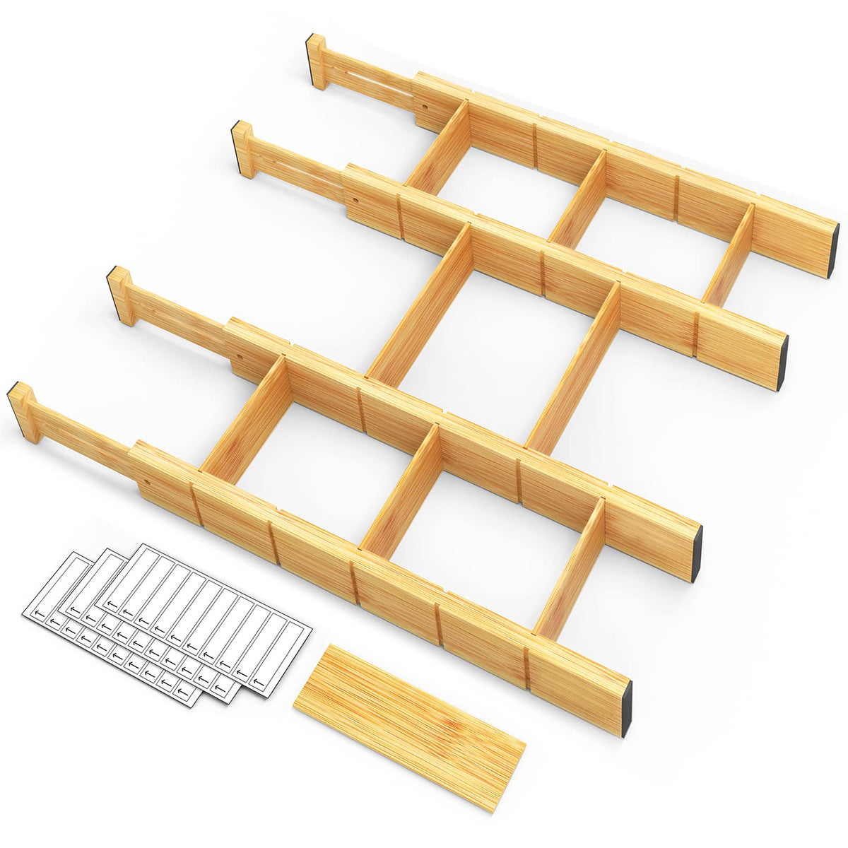 SpaceAid Bamboo Drawer Dividers with Inserts and Labels, Kitchen Adjustable Drawer Organizers, Expandable Organization for Home, Office, Dressers, 7 Dividers with 15 Inserts (17"-22" Black)