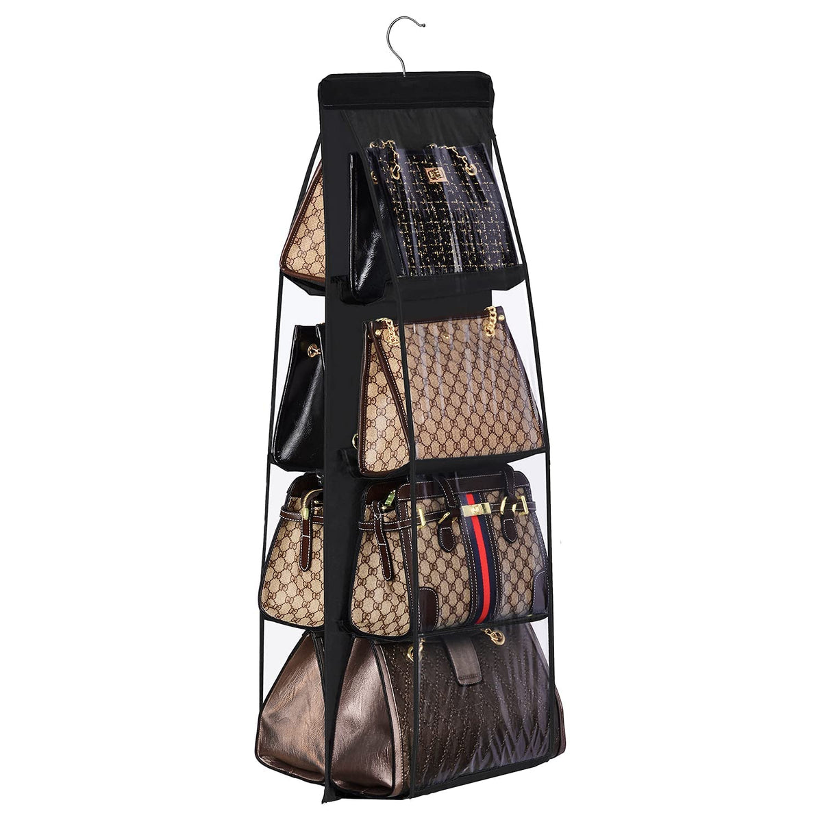 Lirex Handbag Hanging Organizer, 8 Pocket Purse Storage Hanger Oxford Cloth Closet for Family Closet Bedroom, Foldable and Universal Fit (Black)