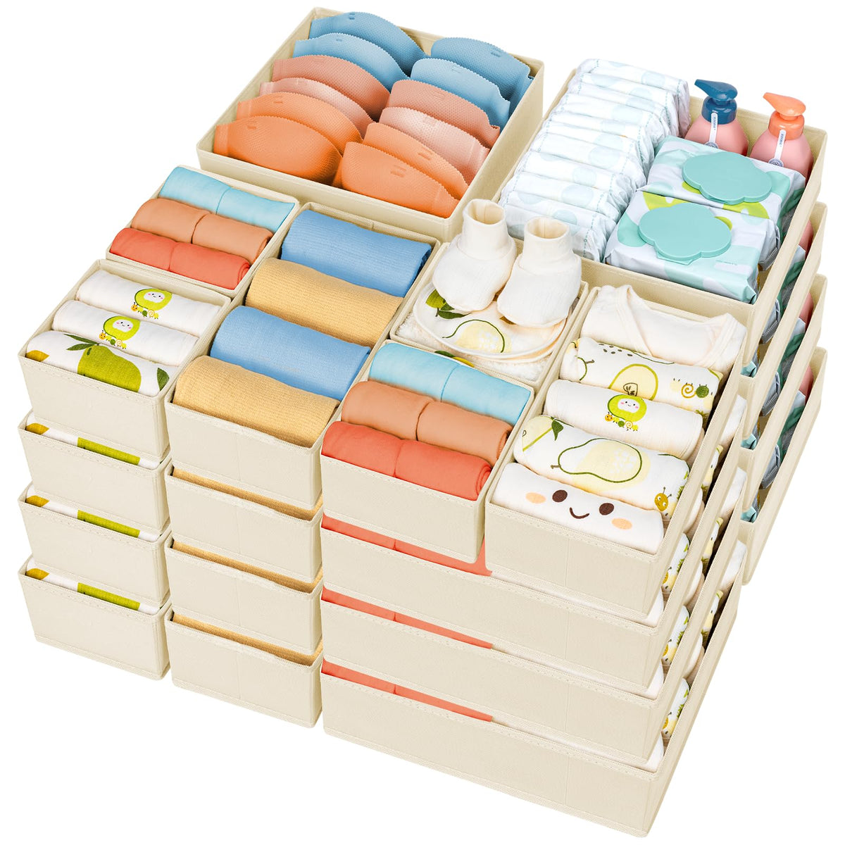 DIMJ Drawer Organizer Clothes, 12 Pack Dresser Organizer for Nursery, Baby Clothes, Underwears, Sock, Fabric Dresser Bins, Drawer Dividers, Foldable Closet Organizers and Storage(Beige)