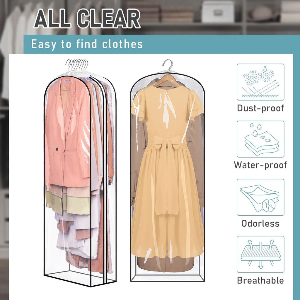 MISSLO 10" Gusseted All Clear Garment Bags for Hanging Clothes 60" Dress Bags for Gowns Long Fur Coat Closet Storage Covers, 3 Packs