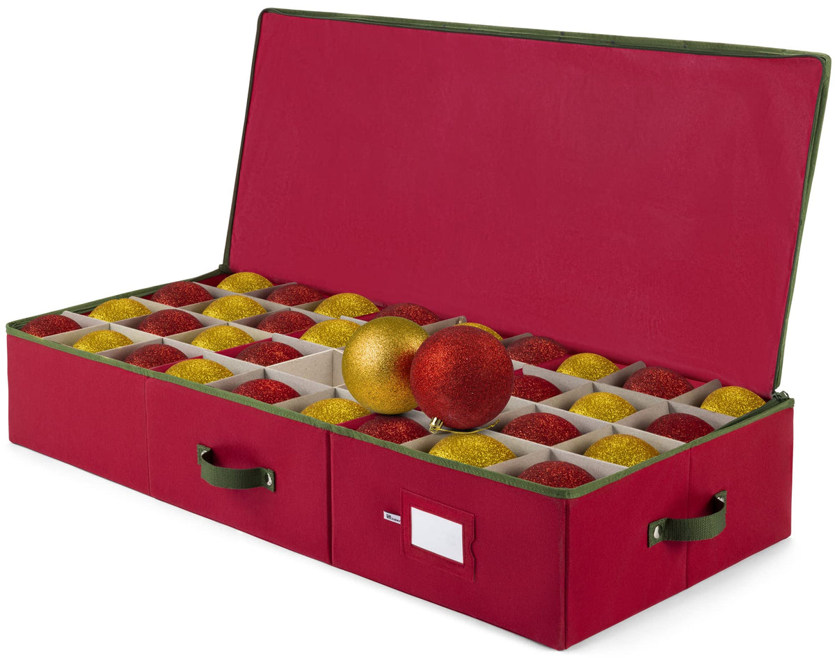ZOBER Underbed Christmas Ornament Storage Box - Stores 120 3" Ornaments, With Dividers - Tear Proof 600D Oxford Fabric, Ornament Organizer Storage Box, Durable Christmas Containers Holder - Red