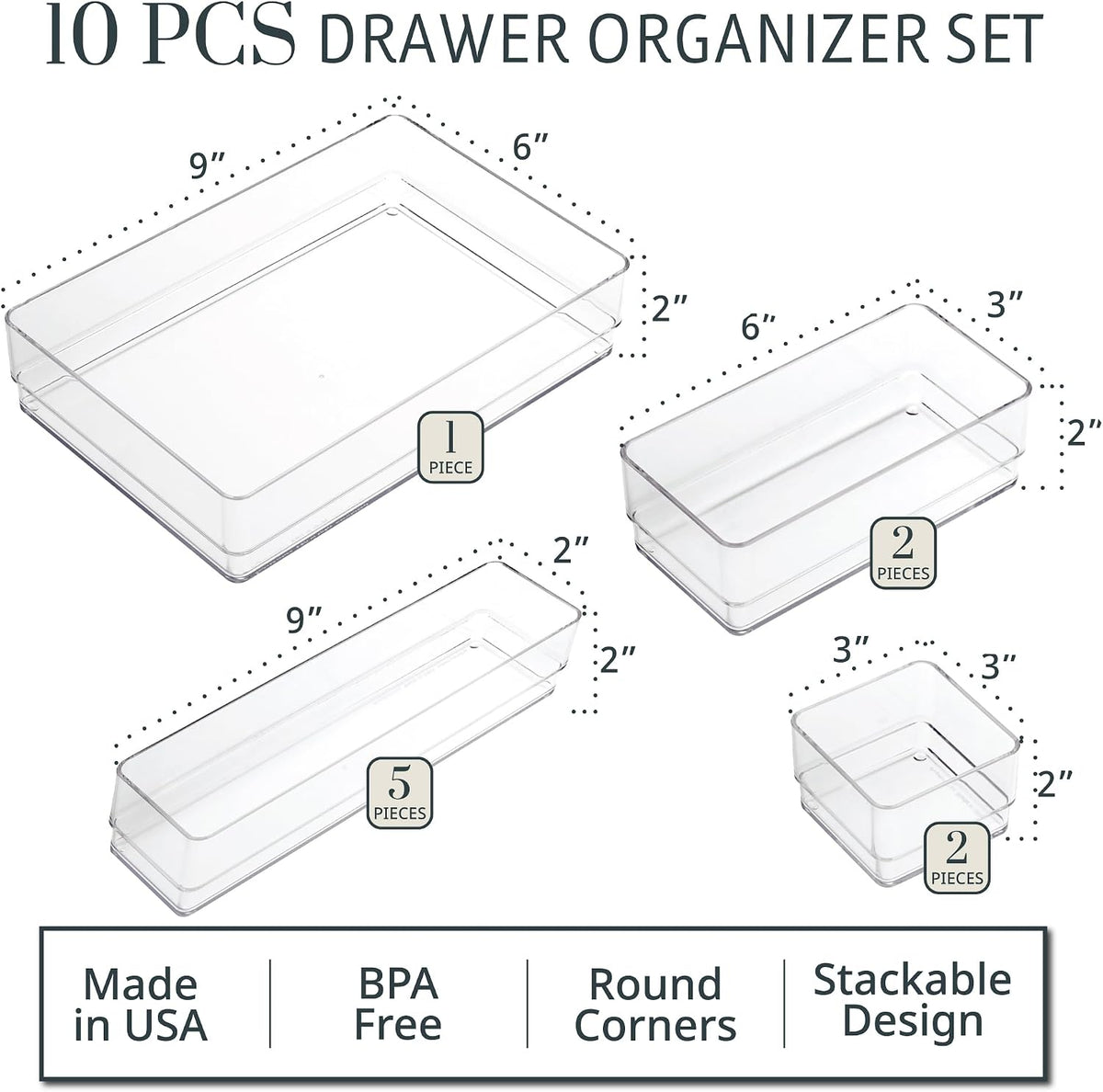 STORi SimpleSort 10-Piece Stackable Clear Drawer Organizer Set | Multi-size Trays | Makeup Vanity Storage Bins and Office Desk Drawer Dividers | Made in USA