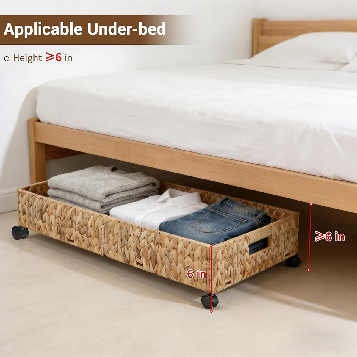 Under Bed Storage with Wheels, 31.5in / 37L Large Handwoven Water Hyacinth Under Bed Shoe Storage Organizer Drawer, Tool-free Assembly Rolling Storage Containers