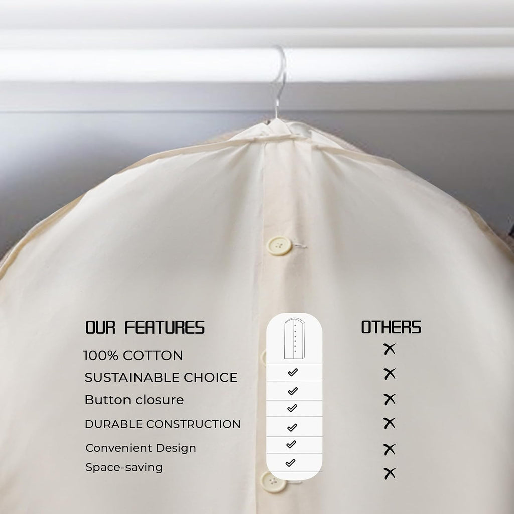 Beige Cotton Garment Protector Bag Cover - Dust Free Cloth Hanging, Wardrobe storage for Dresses and Suits (Button (24" x 62"))