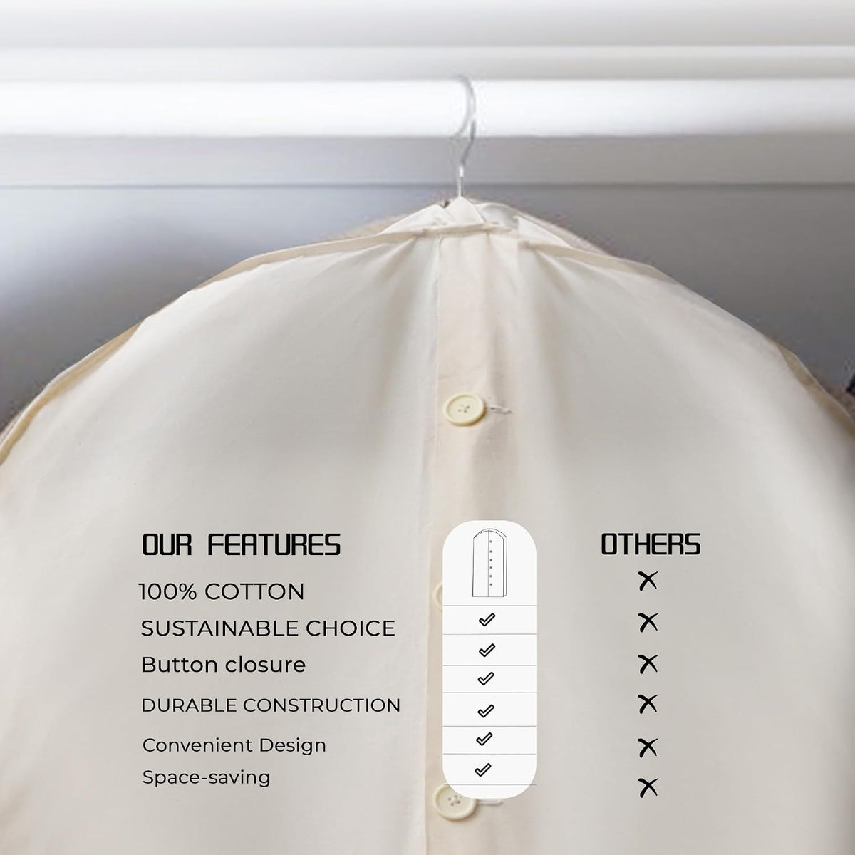 Beige Cotton Garment Protector Bag Cover - Dust Free Cloth Hanging, Wardrobe storage for Dresses and Suits (Button (24" x 62"))