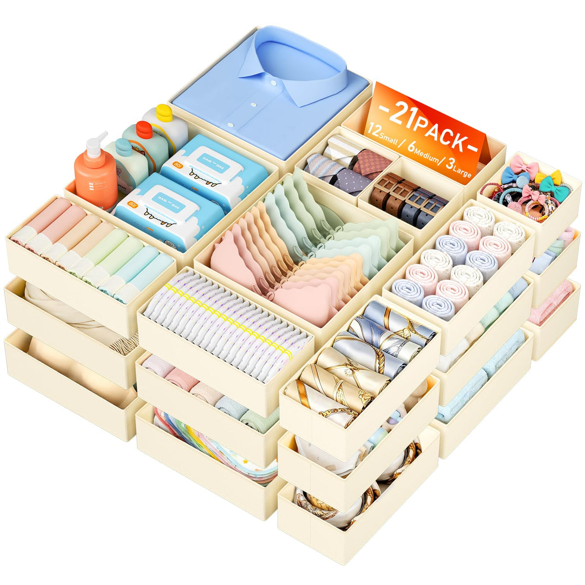 DIMJ Drawer Organizer Clothes - 20 Pack Closet Drawer Organizer Bins for Baby Clothes Storage, Fabric Dresser Organizer for Nursery Bedroom, Foldable Small Drawer Dividers for Underwear Socks