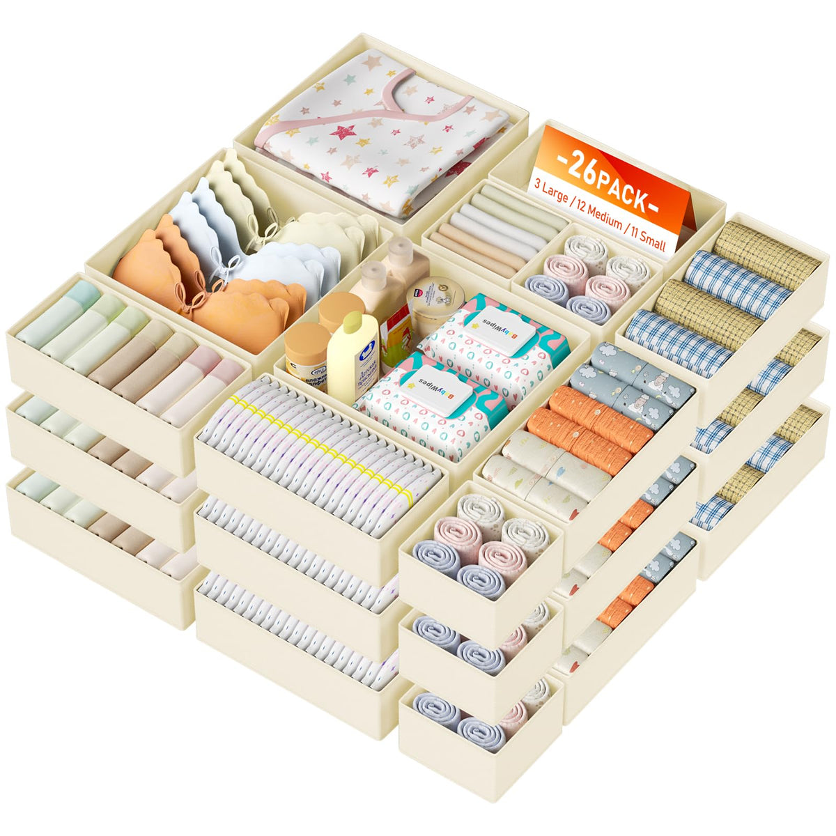 DIMJ Drawer Organizer Clothes, 12 Pack Dresser Organizer for Nursery, Baby Clothes, Underwears, Sock, Fabric Dresser Bins, Drawer Dividers, Foldable Closet Organizers and Storage(Beige)