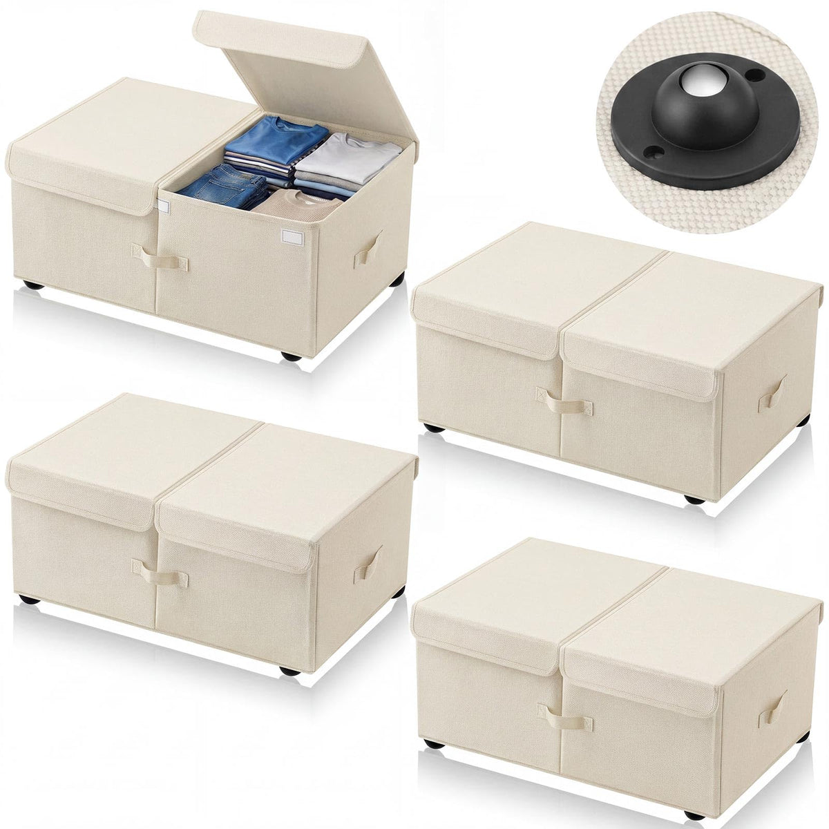 Geelin 4 Pack Under Bed Storage with Wheels, 10 Inch Height 65L Large Capacity Foldable Underbed Storage Bins with Lids & Handles, Easy Assembly Rolling Under Bed Containers for Clothes Blankets Shoes