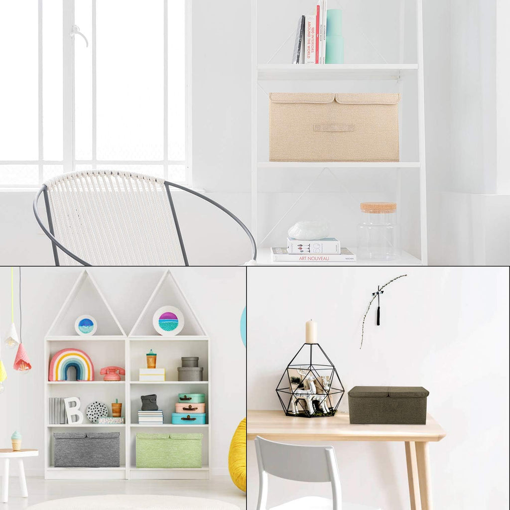 2 Pack Large Storage Boxes with Lids and Handles, Collapsible Linen Storage Bins Organizer Containers Baskets Cube with Removable Divider for Home Bedroom Closet Office (Cream, Small)