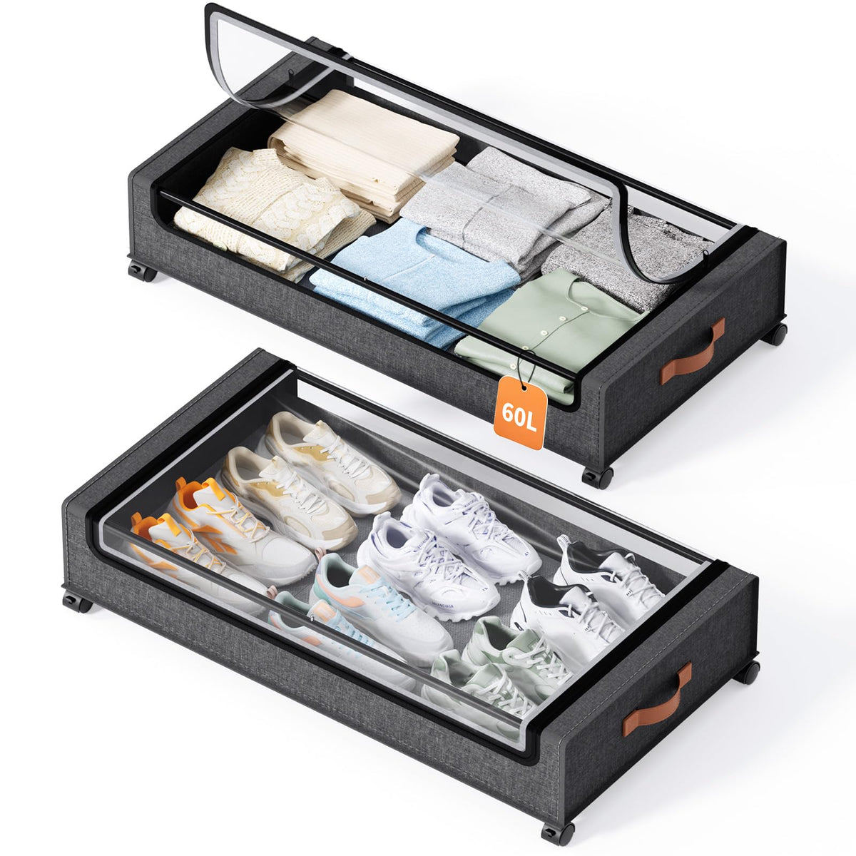 Yecaye 70L Large Under Bed Storage Containers with Wheels, 2Pack, Hemp Grey