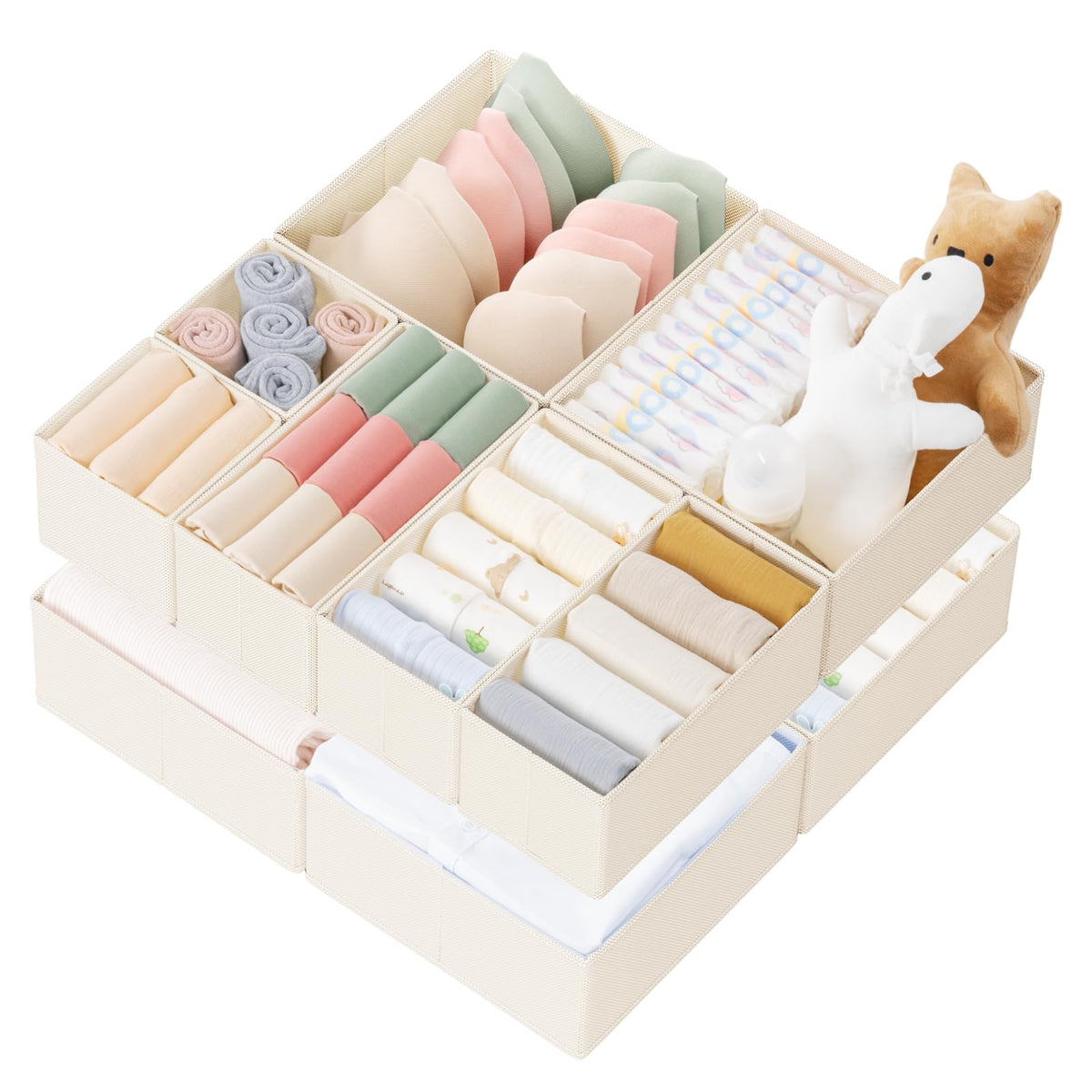 Criusia Drawer Organizer Clothes, 10 Pack Dresser Organizer for Baby Clothes, Underwear, Sock- Foldable Closet Organization and Storage Dividers Bins for Nursery, Bedroom (Beige)