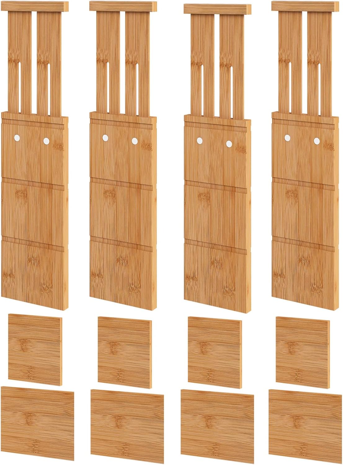 4.4" High Drawer Dividers with Inserts, Bamboo Drawer Dividers for Clothes, Expandable from 12-17.5", Adjustable drawer organizer for Bedroom, Kitchen & Office, 4 Dividers with 8 Insert.