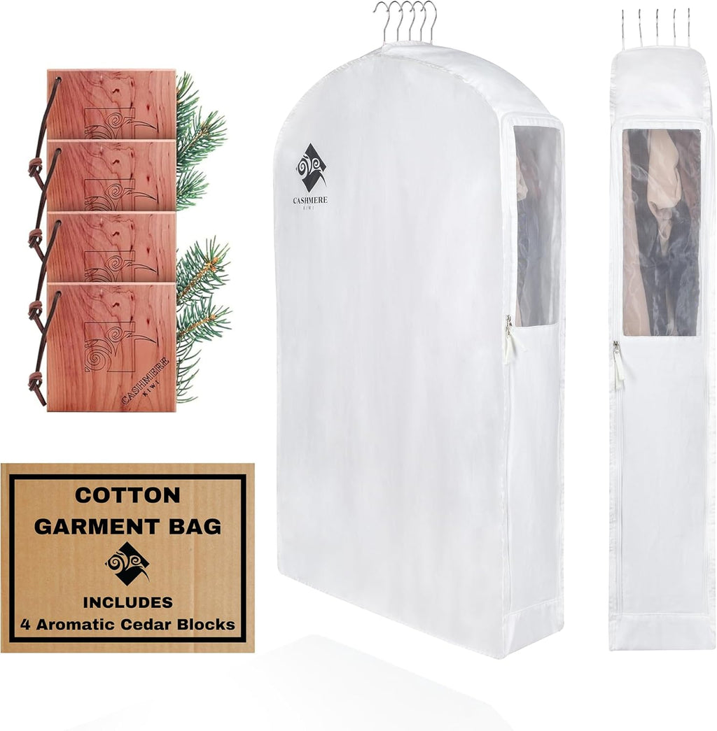 Premium 40” Short Cotton Garment Bag For Hanging Clothes And Storage | Wide 6” Gusset & 4 Cedar Blocks For Fresh Smell And Moth Protection | Best For Suits, Fur Coats, Leather Jackets, Sweaters.