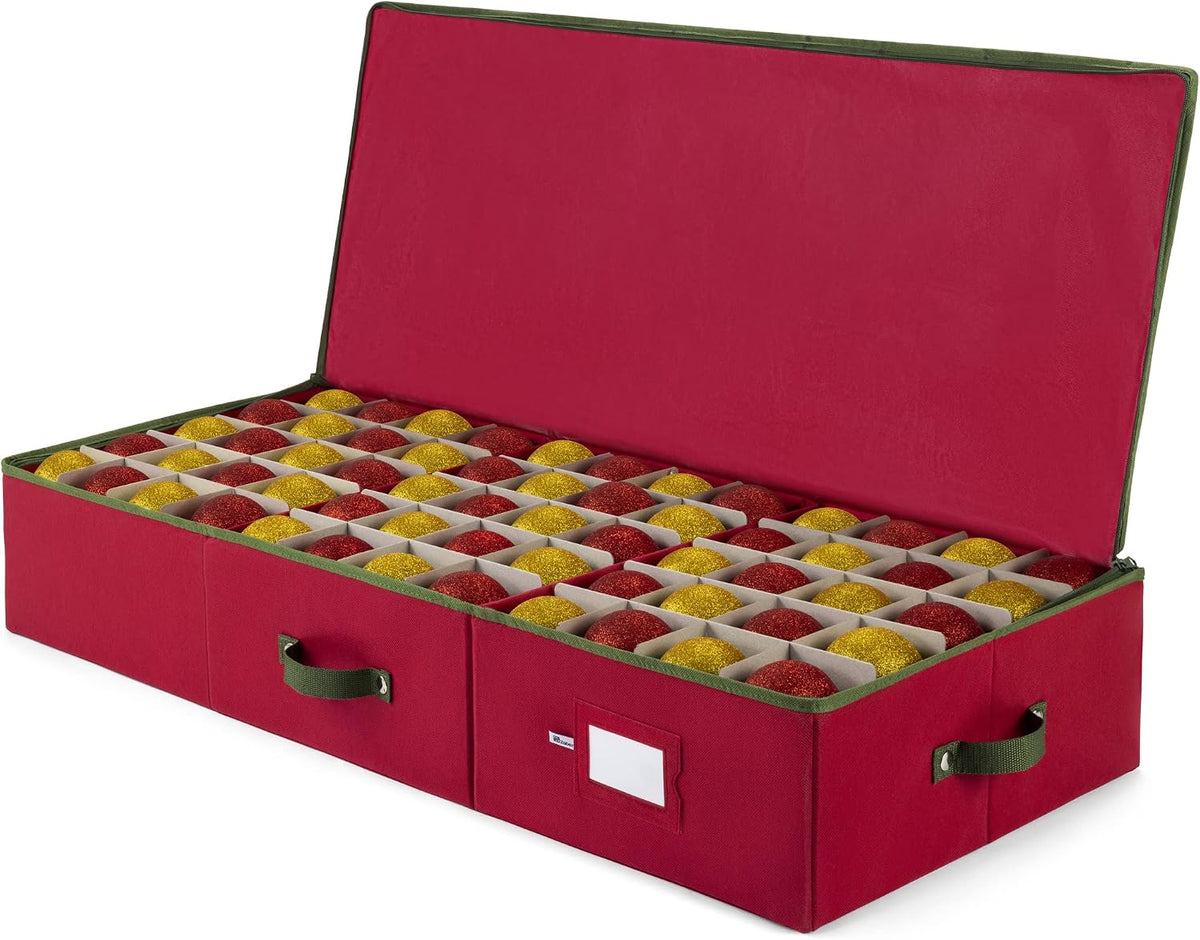 ZOBER Underbed Christmas Ornament Storage Box - Stores 120 3" Ornaments, With Dividers - Tear Proof 600D Oxford Fabric, Ornament Organizer Storage Box, Durable Christmas Containers Holder - Red