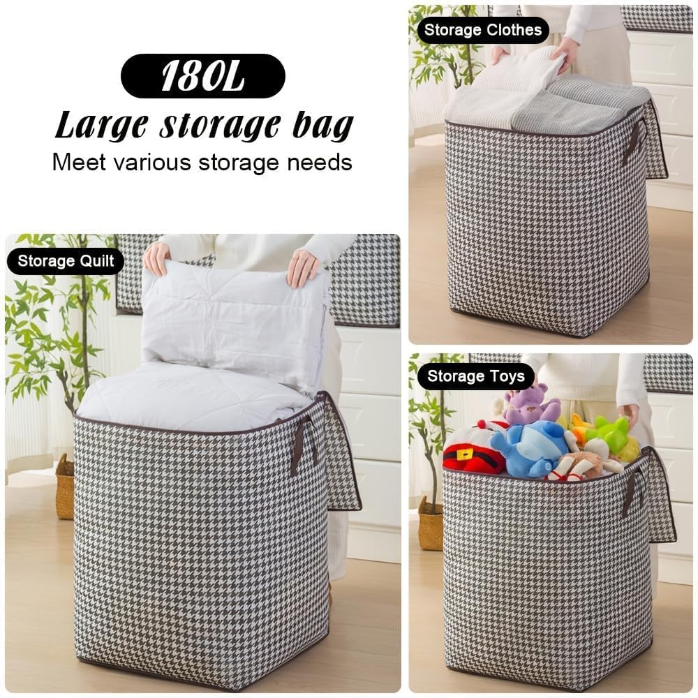 180L Large Storage Bag, Houndstooth Clothes Organizer, Zippered Storage Container with Handles for Clothing, Blankets, Bedding, Moving, Travel & Closet Organization