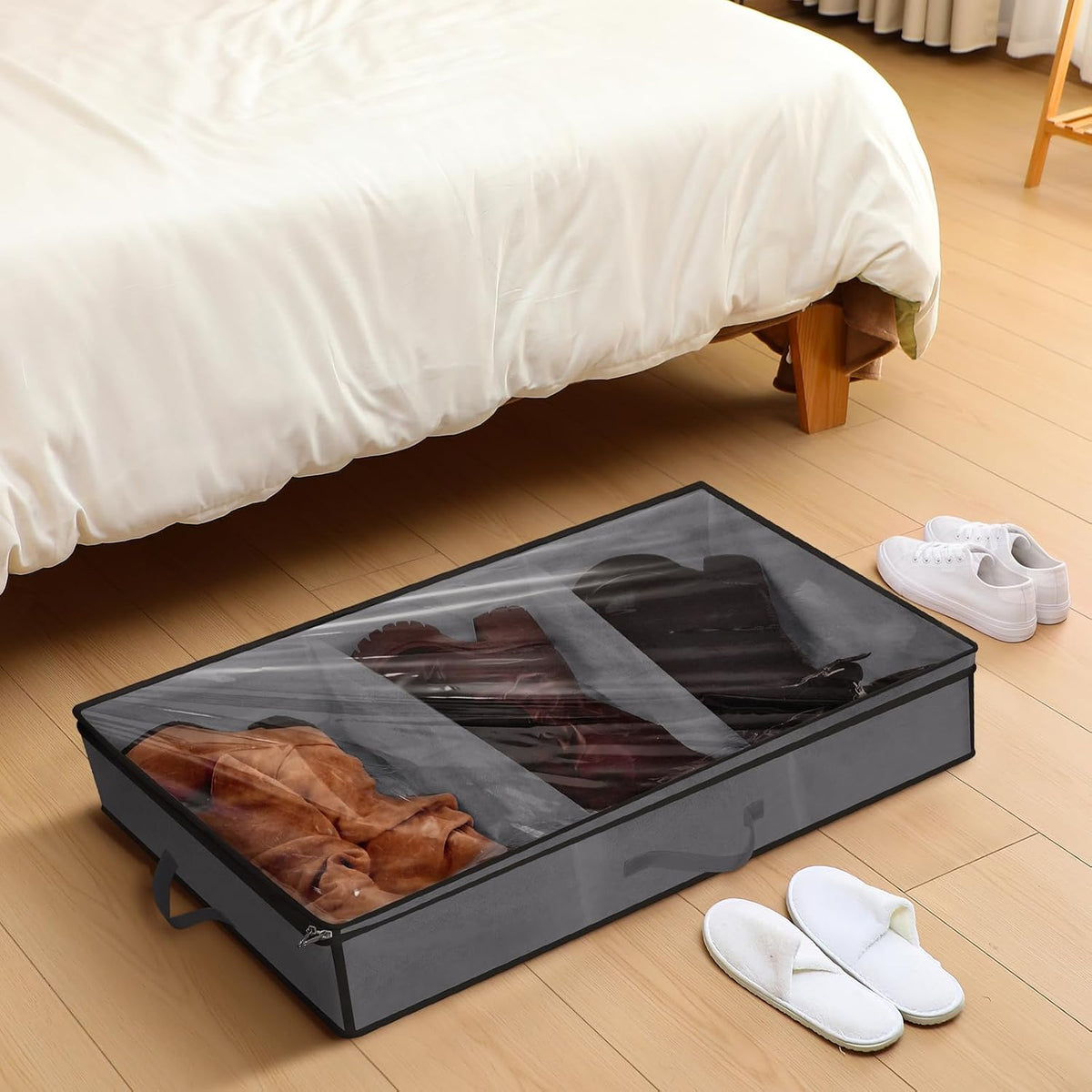 SATINIOR 3 Pcs 3 Section Under Bed Shoe Storage Boot Bag Grey and Black Underbed Shoe Organizer with Large Clear Pockets Fabric for Storage Men's and Woman's Boots
