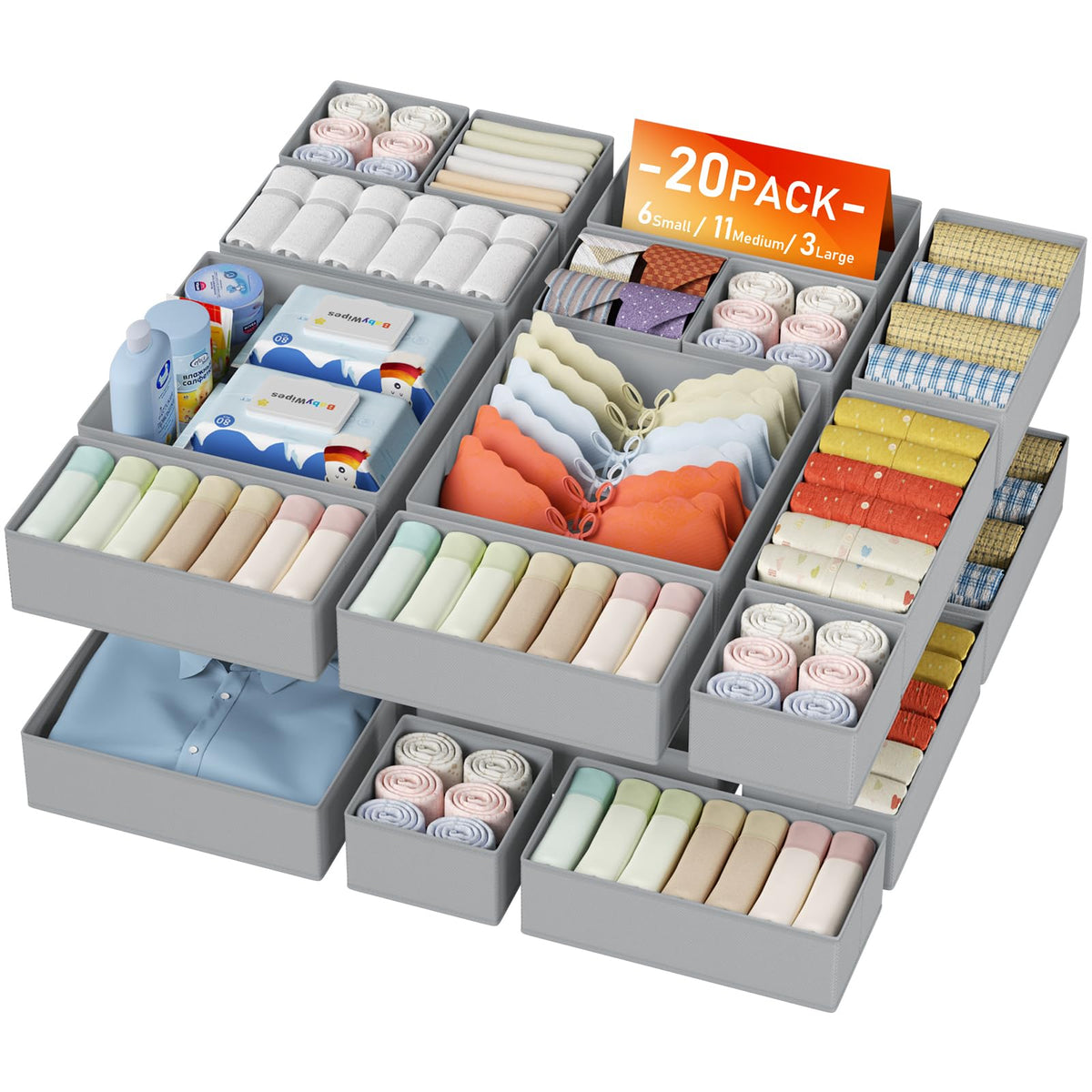 DIMJ Drawer Organizer Clothes - 20 Pack Closet Drawer Organizer Bins for Baby Clothes Storage, Fabric Dresser Organizer for Nursery Bedroom, Foldable Small Drawer Dividers for Underwear Socks